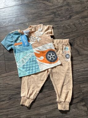 Hot Wheels Two-Piece Tee & Jogger Set - Orange, Light Blue, Cream